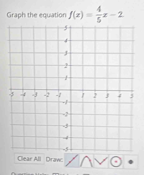 Graph the equation f(x)= 4/5 x-2
Clear All Draw: