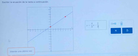 Escribir la ecuación de la recta a continuación.
y= 4/9 x- 2/9   □ /□   
5 
Intente una úl