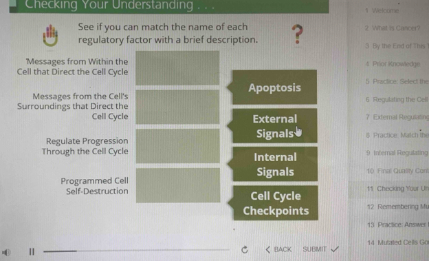 Checking Your Understanding 1 Welcome 
See if you can match the name of each 
regulatory factor with a brief description. ? 2 What is Cancer? 
3 By the End of This 
'Messages from Within the 4 Prior Knowledge 
Cell that Direct the Cell Cycle 5 Practice: Select the 
Messages from the Cell's Apoptosis 
Surroundings that Direct the 6 Regulating the Cell 
Cell Cycle External 7 External Regulating 
Signals 
Regulate Progression 8 Practice: Match the 
Through the Cell Cycle Internal 9 Interal Regulating 
Signals 10 Final Quality Coni 
Programmed Cell 
Self-Destruction Cell Cycle 11 Checking Your Ur 
Checkpoints 12 Remembering Mu 
13 Practice: Answer 
C BACK SUBMIT 14 Mutated Cells Go