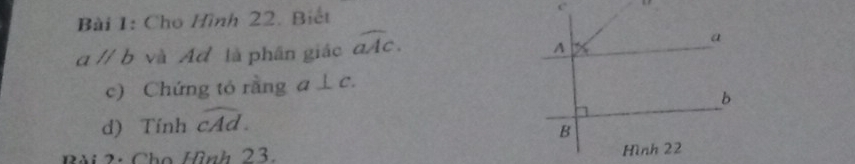 Cho Hình 22. Biết
aparallel b và Ad là phân giác widehat aAC. 
c) Chứng tỏ rằng a⊥ c. 
d) Tính widehat cAd. 
Bài 2: Cho Hình 23.