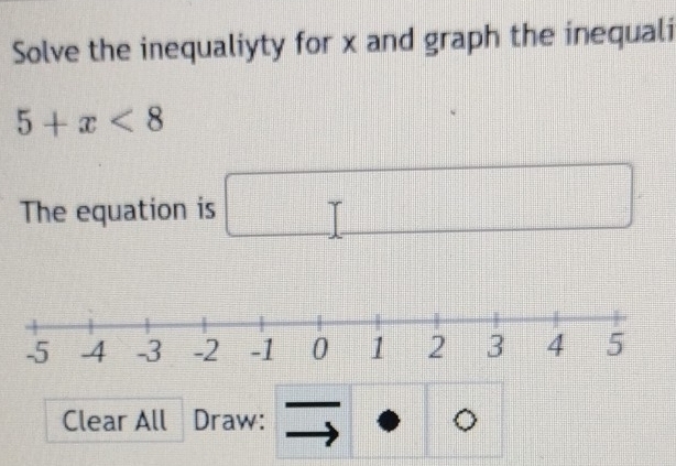 Solve the inequaliyty for x and graph the inequali
5+x<8</tex> 
The equation is □ 
Clear All Draw: