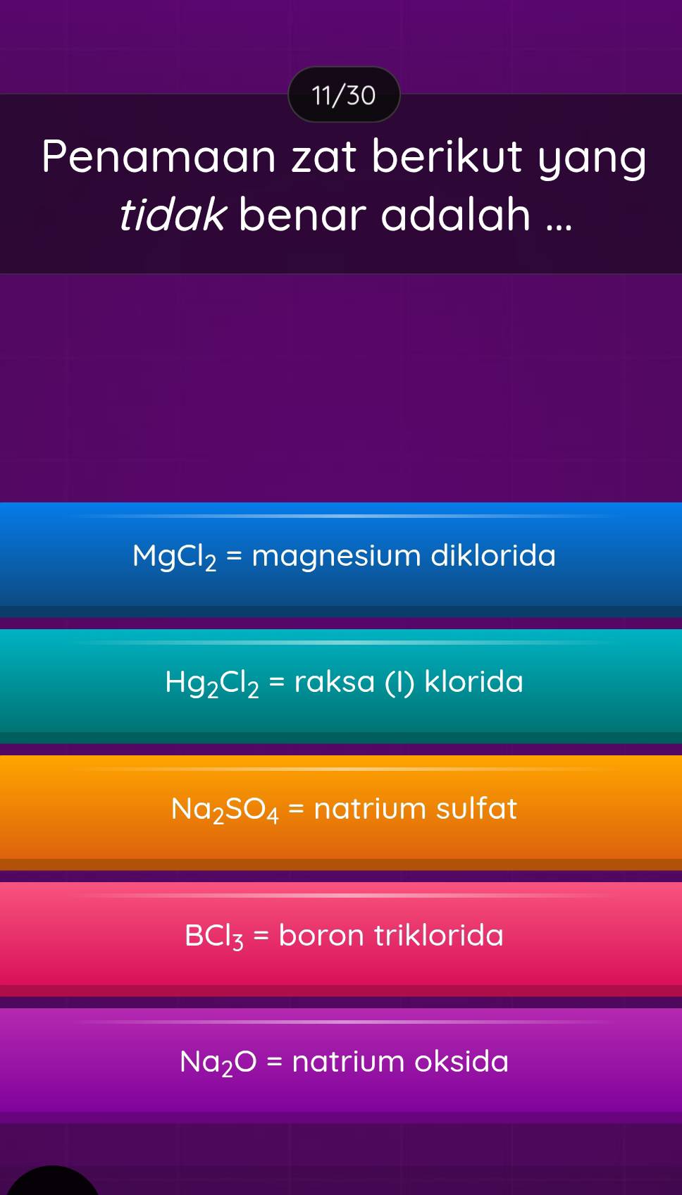 11/30
Penamaan zat berikut yang
tidak benar adalah ...
MgCl_2= magnesium diklorida
Hg_2Cl_2= raksa (I) klorida
Na_2SO_4= natrium sulfat
BCl_3= boron triklorida
Na_2O= natrium oksida