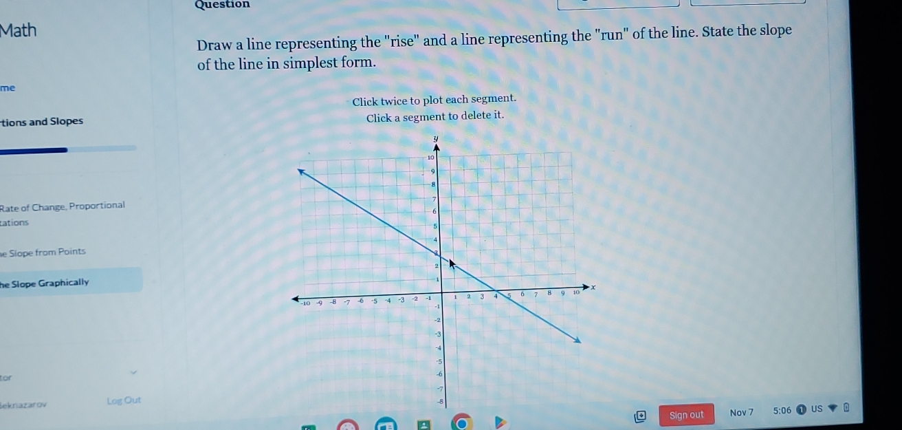 Question 
Math 
Draw a line representing the "rise" and a line representing the "run" of the line. State the slope 
of the line in simplest form. 
me 
Click twice to plot each segment. 
tions and Slopes Click a segment to delete it. 
Rate of Change, Proportional 
tations 
e Slope from Points 
he Slope Graphically 
tor 
eknazarov Log Out 
Sign out Nov 7 5:06 US 0