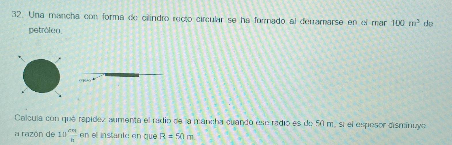 Una mancha con forma de cilindro recto circular se ha formado al derramarse en el mar 100m^3 de 
petróleo. 
Calcula con qué rapidez aumenta el radio de la mancha cuando ese radio es de 50 m, si el espesor disminuye 
a razón de 10 cm/h  en el instante en que R=50m.