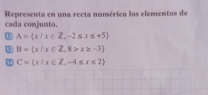 Representa en una recta numérica los elementos de
cada conjunto.
A= x/x∈ Z,-2≤ x≤ +5
B= x/x∈ Z,8>x≥ -3
14 C= x/x∈ Z,-4≤ x≤ 2