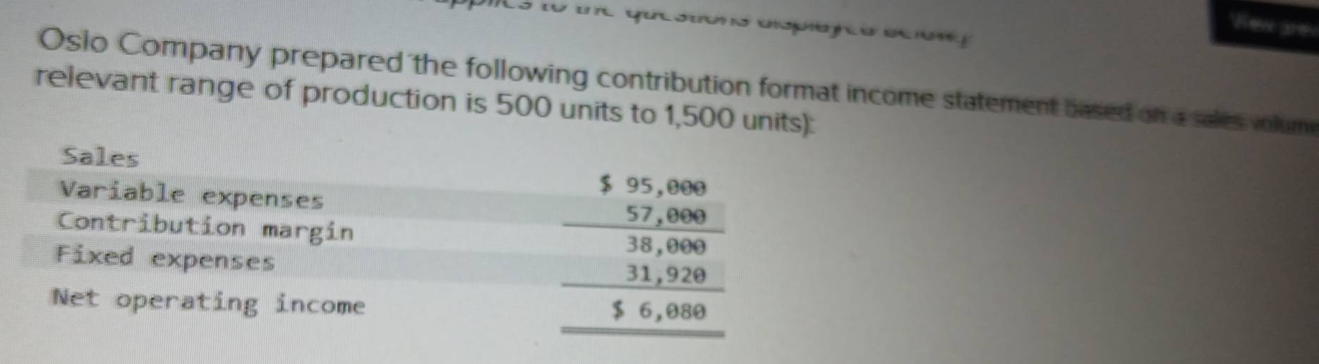 Wes are 
Oslo Company prepared the following contribution format income statement based on a sales volume 
relevant range of production is 500 units to 1,500 units): 
Sales 
Variable expenses 
Contribution margin 
Fixed expenses 
Net operating income
beginarrayr 5.95,000 _ -57,000 38,000 _ -11,28 _ 56,000 hline endarray