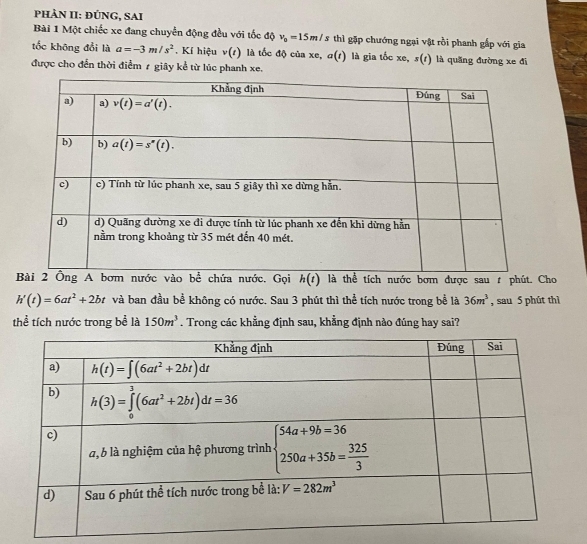 PHÀN II: ĐÚNG, SAI
Bài 1 Một chiếc xe đang chuyển động đều với tốc độ v_0=15m/s thì gặp chướng ngại vật rồi phanh gấp với gia
tốc không đổi là a=-3m/s^2. Kí hiệu v(t) là tốc độ của xe, a(t ) là gia tốc xe, s(1) là quãng đường xe đi
được cho đến thời điểm 7 giây kể từ lúc phanh xe.
c nước. Gọi h(t) là thể tích nước bơm được sau # phút. Cho
h'(t)=6at^2+2bt và ban đầu bề không có nước. Sau 3 phút thì thể tích nước trong bề là 36m^3 , sau 5 phút thì
thể tích nước trong bể là 150m^3. Trong các khẳng định sau, khẳng định nào đúng hay sai?