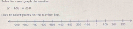 Sohe for r and graph the solution.
|r+650|=250
Click to select points an the number line.