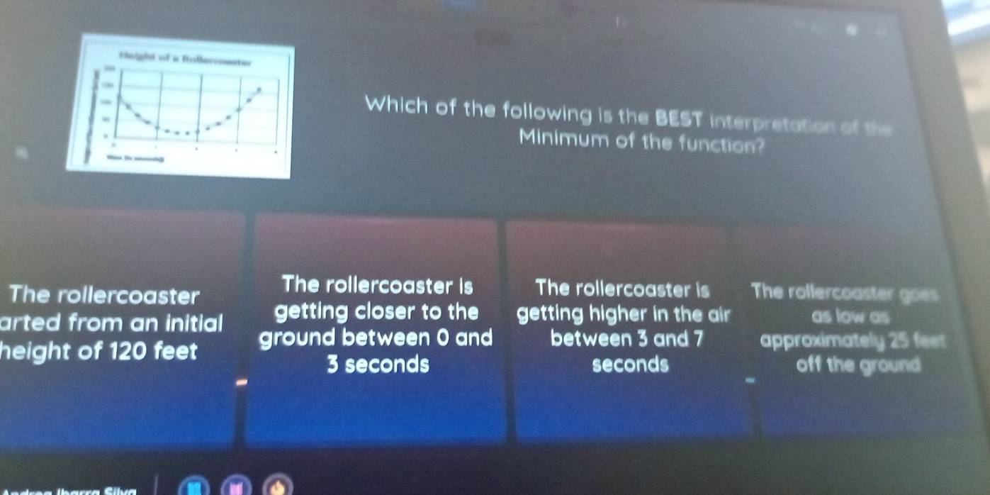 Fnight of a Bnllaccomato
Which of the following is the BEST interpretation of the
Minimum of the function?
The rollercoaster is The rollercoaster is
The rollercoaster The rollercoaster goes
arted from an initial getting closer to the getting higher in the air as low as
height of 120 feet ground between 0 and between 3 and 7 approximately 25 feet
3 seconds seconds off the ground