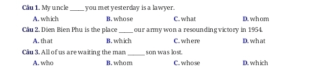 My uncle _you met yesterday is a lawyer.
A. wh ich B. whose C. what D. wh om
Câu 2. Dien Bien Phu is the place_ our army won a resounding victory in 1954.
A. th at B. wh ich C.where D. wh at
Câu 3. All of us are waiting the man _son was lost.
A. who B. whom C. whose D. wh ich