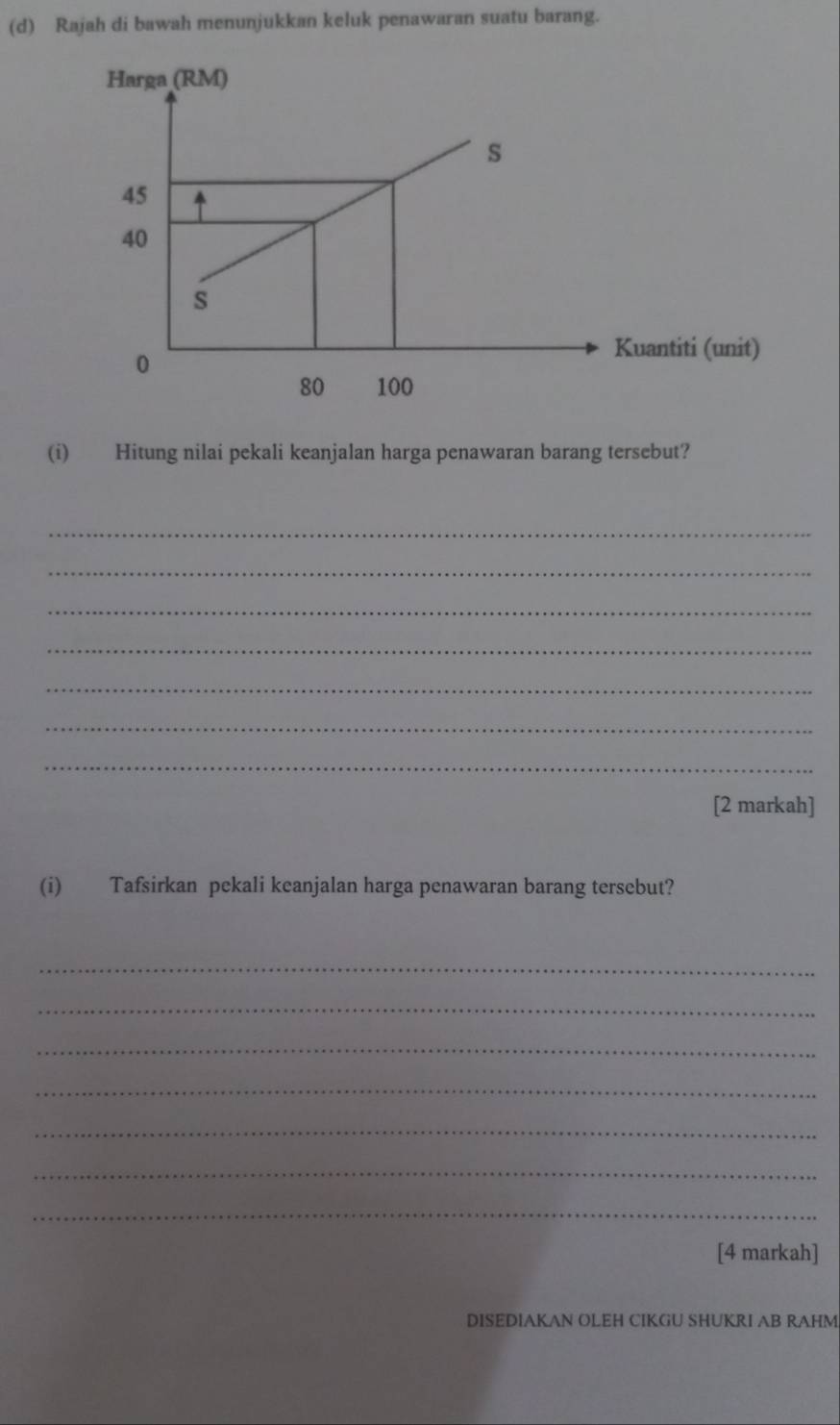 Rajah di bawah menunjukkan keluk penawaran suatu barang. 
(i) Hitung nilai pekali keanjalan harga penawaran barang tersebut? 
_ 
_ 
_ 
_ 
_ 
_ 
_ 
[2 markah] 
(i) Tafsirkan pekali keanjalan harga penawaran barang tersebut? 
_ 
_ 
_ 
_ 
_ 
_ 
_ 
[4 markah] 
DISEDIAKAN OLEH CIKGU SHUKRI AB RAHM