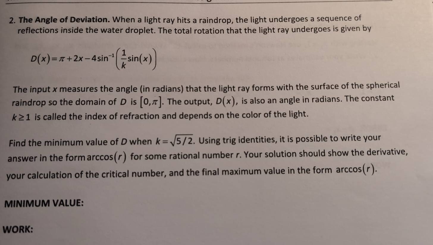 Solved: The Angle of Deviation. When a light ray hits a raindrop, the ...