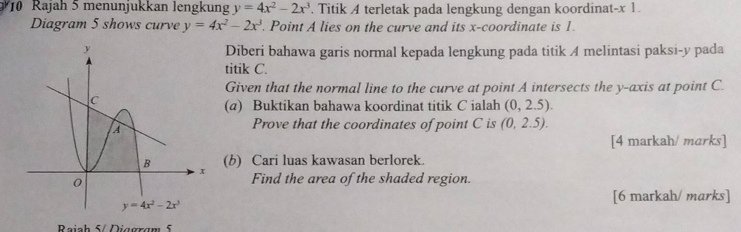 Rajah 5 menunjukkan lengkung y=4x^2-2x^3. Titik A terletak pada lengkung dengan koordinat-x 1.
Diagram 5 shows curve y=4x^2-2x^3. Point A lies on the curve and its x-coordinate is 1.
Diberi bahawa garis normal kepada lengkung pada titik A melintasi paksi-y pada
titik C.
Given that the normal line to the curve at point A intersects the y-axis at point C.
(a) Buktikan bahawa koordinat titik C ialah (0,2.5).
Prove that the coordinates of point C is (0,2.5).
[4 markah/ marks]
(b) Cari luas kawasan berlorek.
Find the area of the shaded region.
[6 markah/ marks]
Rojnh 5/ Diggram 5