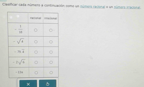 Clasificar cada número a continuación como un número racional o un número irracional.