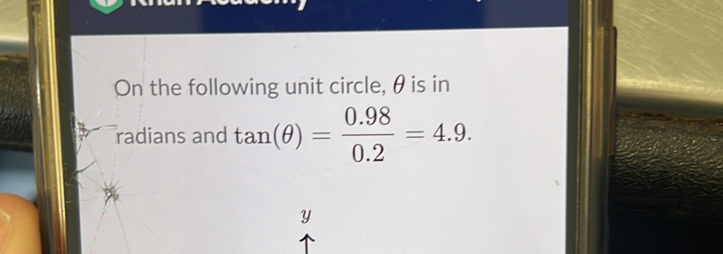 On the following unit circle, θ is in 
radians and tan (θ )= (0.98)/0.2 =4.9.
Y