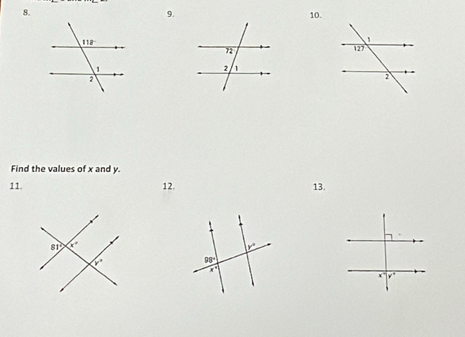 Find the values of x and y.
11. 12. 13.