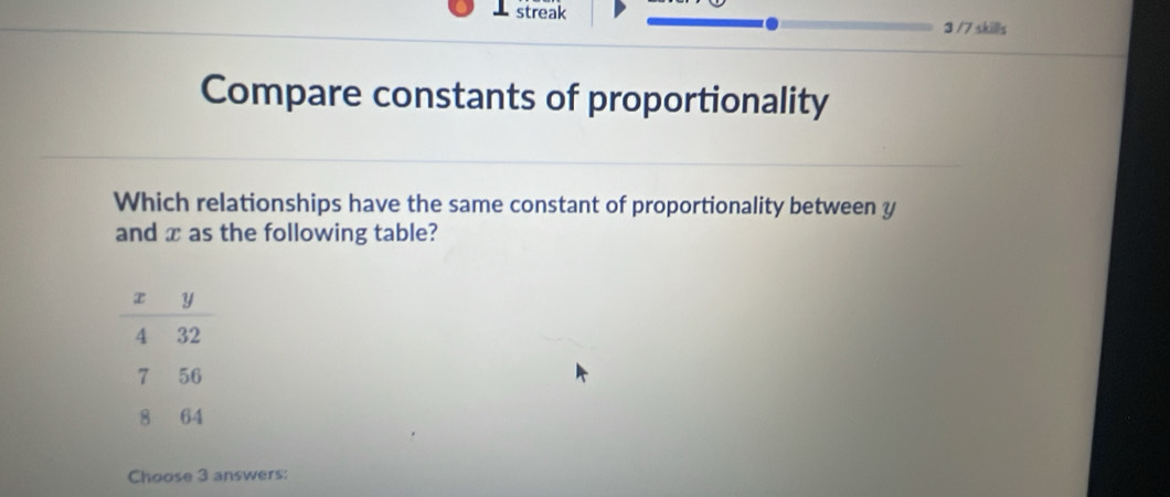 streak 
3 /7 skills 
Compare constants of proportionality 
Which relationships have the same constant of proportionality between y
and x as the following table? 
Choose 3 answers: