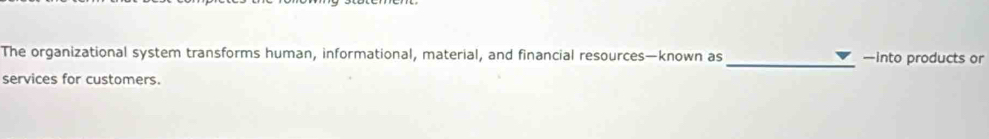 The organizational system transforms human, informational, material, and financial resources—known as _—into products or 
services for customers.