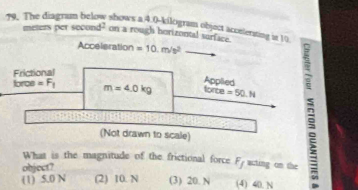 The diagra shows a 4.0-kilogram object accelerating it 10
meters per sec ond^2 on a rough horizontal surface.
Acceleration =10.m/s^2
What is the magnitude of the frictional force F_f acting on the
object?
(1) 5.0 N (2) 10. N (3) 20. N (4) 40. N