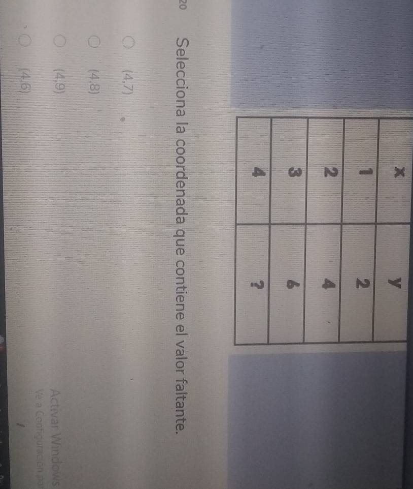 Selecciona la coordenada que contiene el valor faltante.
(4,7)
(4,8)
(4,9)
Activar Windows
Vé a Configuración par
(4,6)