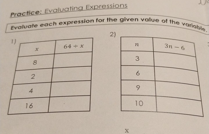 Practice: Evaluating Expressions
Evaluate each expression for the given value of the variable.
2
X