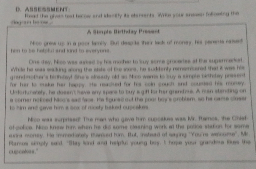 D、ASSESSMENT： 
Read the given text below and identify its elements. Write your answer following the 
diagram below.. 
A Simple Birthday Present 
Nice grew up in a poor family. But despite their lack of money, his parents raised 
him to be helpful and kind to everyone. 
One day, Nico was asked by his mother to buy some groceries at the supermarkat. 
Whife he was walking along the aisle of the store, he suddenly remembered that it was his 
grandmother's birthday! She's already old so Nico wants to buy a simple birthday present 
for her to make her happy. He reached for his coin pouch and counted his money. 
Unfortunately, he doesn't have any spare to buy a gift for her grandma. A man standing on 
a corner noticed Nico's sad face. He figured out the poor boy's problem, so he came closer 
to him and gave him a box of nicely baked cupcakes. 
Nico was surprised! The man who gave him cupcakes was Mr. Ramos, the Chief- 
of-police. Nico knew him when he did some cleaning work at the police station for some 
extra money. He immediately thanked him. But, instead of saying "You're welcome". Mr 
Ramos simply said, "Stay kind and helpful young boy. I hope your grandma likes the 
cupcakes."