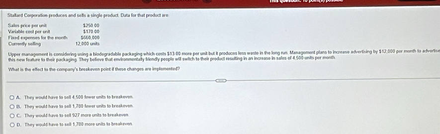 Stallard Corporation produces and sells a single product. Data for that product are
Sales price per unit $250 00
Variable cost per unit $170 00
Fixed expenses for the month $660.000
Currently selling 12,000 units
Upper management is considering using a biodegradable packaging which costs $13 00 more per unit but it produces less waste in the long run. Management plans to increase advertising by $12,000 per month to advertise
this new feature to their packaging. They believe that environmentally friendly people will switch to their product resulting in an increase in sales of 4,500 units per month
What is the effect to the company's breakeven point if these changes are implemented?
A. They would have to sell 4,500 fewer units to breakeven.
B. They would have to sell 1,780 fewer units to breakeven.
C. They would have to sell 927 more units to breakeven.
D. They would have to sell 1,780 more units to breakeven.