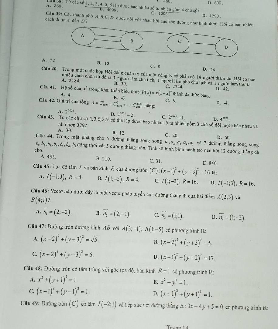 C. 480 D. 600 .
Ch 38: Từ các số 1, 2, 3, 4, 5, 6 lập được bao nhiêu số tự nhiên gồm 4 chữ số?
A. 360 . B. 4096 C. 1206 D. 1290 .
Câu 39: Các thành phố A,B,C,D được nổi với nhau bởi các con đường như hình dưới. Hỏi có bao nhiêu
cách đi từ A đến D?
A. 72 B. 12 C. 9 D. 24
Câu 40, Trong một cuộc họp Hội đồng quản trị của một công ty cổ phần có 14 người tham dự. Hỏi có bao
nhiêu cách chọn từ đó ra 1 người làm chủ tịch, 1 người làm phó chủ tịch và 1 người làm thư kí.
A. 2184 B. 39 C. 2744.
Câu 41. Hệ số của x^3 trong khai triển biểu thức P(x)=x(1-x)^4 thành đa thức bằng: D. 42
A. 4. B. -6. C. 6.
Câu 42. Giá trị của tổng A=C_(2021)^1+C_(2021)^2+....C_(2021)^(2020) bàng: D. -4.
A. 2^(2021).
B. 2^(2021)-2. C. 2^(2021)-1. D. 4^(2021)
Câu 43. Từ các chữ số 1,3,5,7,9 có thể lập được bao nhiêu số tự nhiên gồm 3 chữ số đôi một khác nhau và
nhỏ hơn 379?
A. 30. B. 12. C. 20. D. 60.
Câu 44. Trong mặt phẳng cho 5 đường thẳng song song a_1,a_2,a_3,a_4,a_5 và 7 đường thẳng song song
b_1,b_2,b_3,b_4,b_5,b_6,b 0, đồng thời cắt 5 đường thẳng trên. Tính số hình bình hành tạo nên bởi 12 đường thẳng đã
cho.
A. 495. B. 210. C. 31. D. 840.
Câu 45: Tọa độ tâm / và bán kính R của đường tròn (C) (x-1)^2+(y+3)^2=16 là:
A. I(-1;3),R=4. B. I(1;-3),R=4. C. I(1;-3),R=16. D. I(-1;3),R=16.
Câu 46: Vectơ nào dưới đây là một vectơ pháp tuyển của đường thẳng đi qua hai điểm A(2;3) và
B(4;1) ?
A. vector n_1=(2;-2). B. overline n_2=(2;-1). C. vector n_3=(1;1). D. overline n_4=(1;-2).
Câu 47: Đường tròn đường kính AB với A(3;-1),B(1;-5) có phương trình là:
A. (x-2)^2+(y+3)^2=sqrt(5).
B. (x-2)^2+(y+3)^2=5.
C. (x+2)^2+(y-3)^2=5.
D. (x+1)^2+(y+2)^2=17.
Câu 48: Đường tròn có tâm trùng với gốc tọa độ, bán kính R=1 có phương trình là:
A. x^2+(y+1)^2=1.
B. x^2+y^2=1.
C. (x-1)^2+(y-1)^2=1. D. (x+1)^2+(y+1)^2=1.
Câu 49: Đường tròn (C) có tâm I(-2;1) và tiếp xúc với đường thẳng △ :3x-4y+5=0 có phương trình là:
Trang 14