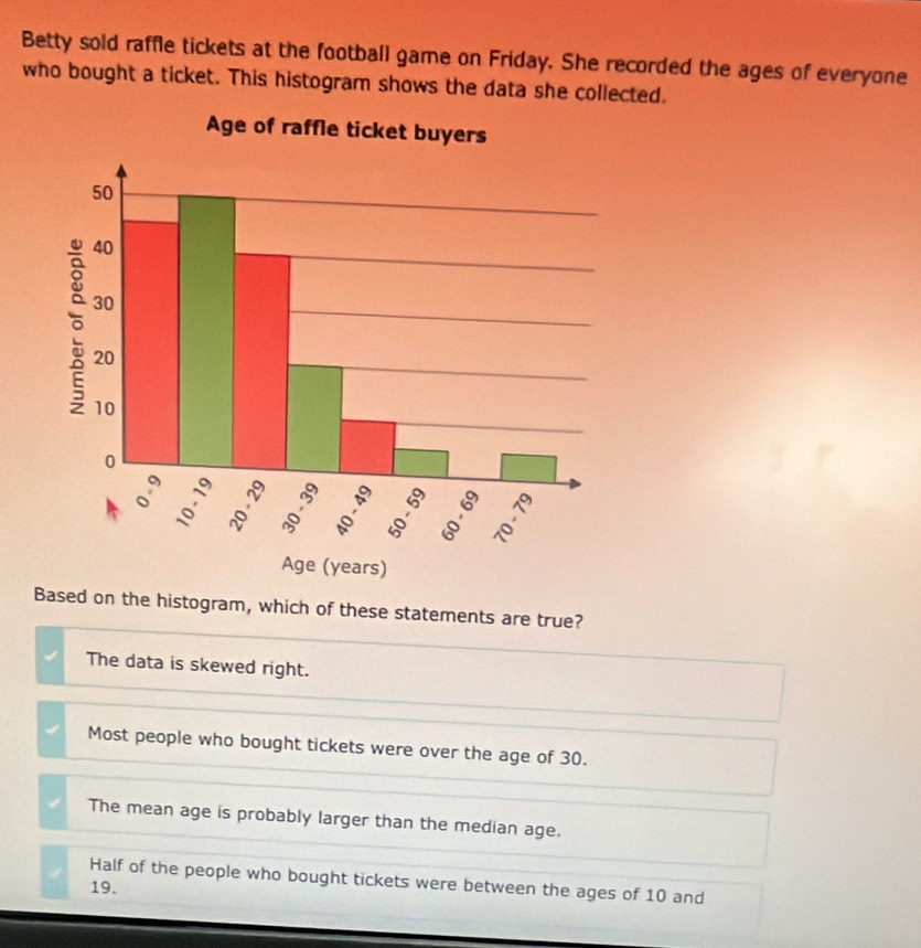 Betty sold raffle tickets at the football game on Friday. She recorded the ages of everyone
who bought a ticket. This histogram shows the data she collected.
Based on the histogram, which of these statements are true?
The data is skewed right.
Most people who bought tickets were over the age of 30.
The mean age is probably larger than the median age.
Half of the people who bought tickets were between the ages of 10 and
19.