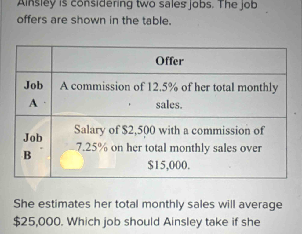 Ainsley is considering two sales jobs. The job 
offers are shown in the table. 
She estimates her total monthly sales will average
$25,000. Which job should Ainsley take if she