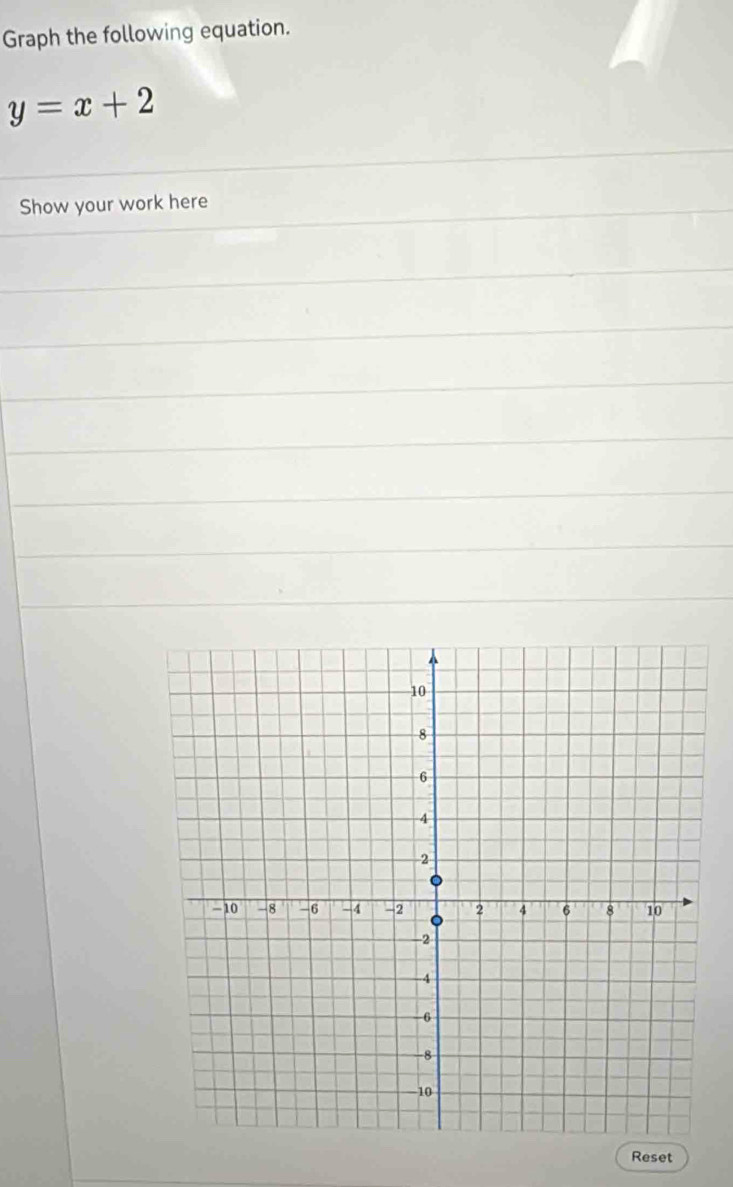 Graph the following equation.
y=x+2
Show your work here 
Reset