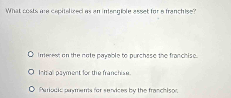 What costs are capitalized as an intangible asset for a franchise?
Interest on the note payable to purchase the franchise.
Initial payment for the franchise.
Periodic payments for services by the franchisor.