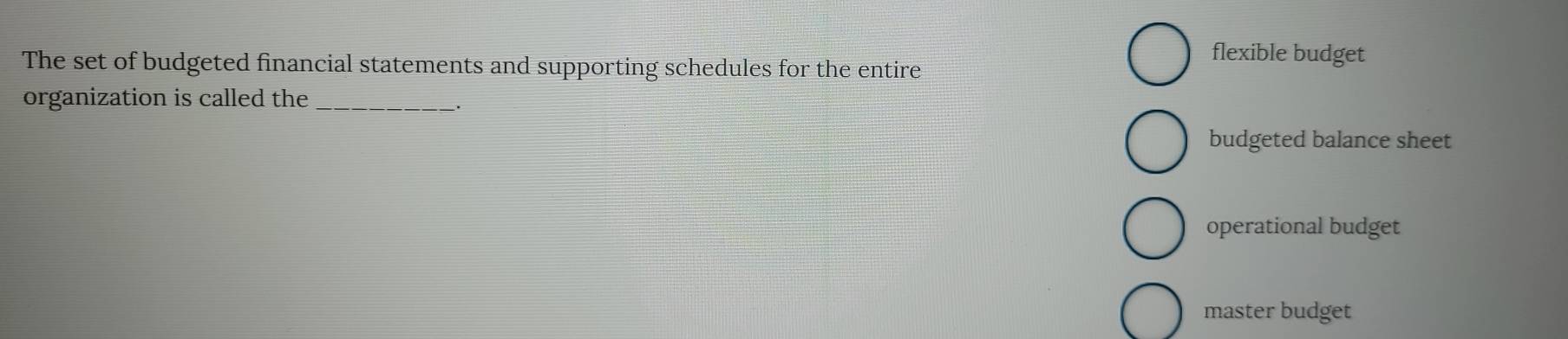 flexible budget
The set of budgeted financial statements and supporting schedules for the entire
organization is called the_
budgeted balance sheet
operational budget
master budget