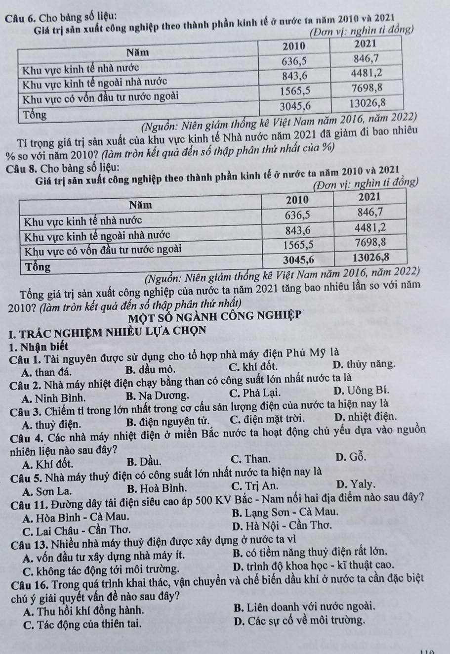 Cho bảng số liệu:
Giá trị sản xuất công nghiệp theo thành phần kinh tế ở nước ta năm 2010 và 2021
ơn vị: nghìn ti đồng)
(Nguồn: Niên giám thống 
Tỉ trọng giá trị sản xuất của khu vực kinh tế Nhà nước năm 2021 đã giảm đi bao nhiêu
% so với năm 2010? (làm tròn kết quả đến số thập phân thứ nhất của %)
Câu 8. Cho bảng số liệu:
Giá trị săn xuất công nghiệp theo thành phần kinh tế ở nước ta năm 2010 và 2021
ơn vị: nghìn tỉ đồng)
(Nguồn: Niên giám 
Tổng giá trị sản xuất công nghiệp của nước ta năm 2021 tăng bao nhiêu lần so với năm
2010? (làm tròn kết quả đến số thập phân thứ nhất)
một số ngành công nghiệp
I. trÁC nghIệM nhiÊU lựa chọn
1. Nhận biết
Câu 1. Tài nguyên được sử dụng cho tổ hợp nhà máy điện Phú Mỹ là
A. than đá. B. dầu mỏ. C. khí đốt. D. thủy năng.
Câu 2. Nhà máy nhiệt điện chạy bằng than có công suất lớn nhất nước ta là
A. Ninh Bình. B. Na Dương. C. Phả Lại. D. Uông Bí.
Câu 3. Chiếm tỉ trong lớn nhất trong cơ cầu sản lượng điện của nước ta hiện nay là
A. thuỷ điện. B. điện nguyên tử. C. điện mặt trời. D. nhiệt điện.
Câu 4. Các nhà máy nhiệt điện ở miền Bắc nước ta hoạt động chủ yếu dựa vào nguồn
nhiên liệu nào sau đây?
A. Khí đốt. B. Dầu. C. Than.
D. Gỗ.
Câu 5. Nhà máy thuỷ điện có công suất lớn nhất nước ta hiện nay là
A. Sơn La. B. Hoà Bình. C. Trị An. D. Yaly.
Câu 11. Đường dây tải điện siêu cao áp 500 KV Bắc - Nam nối hai địa điểm nào sau đây?
A. Hòa Bình - Cà Mau. B. Lạng Sơn - Cà Mau.
C. Lai Châu - Cần Thơ. D. Hà Nội - Cần Thơ.
Câu 13. Nhiều nhà máy thuỷ điện được xây dựng ở nước ta vì
A. vốn đầu tư xây dựng nhà máy ít. B. có tiềm năng thuỷ điện rất lớn.
C. không tác động tới môi trường. D. trình độ khoa học - kĩ thuật cao.
Câu 16. Trong quá trình khai thác, vận chuyển và chế biến dầu khí ở nước ta cần đặc biệt
chú ý giải quyết vấn đề nào sau đây?
A. Thu hồi khí đồng hành. B. Liên doanh với nước ngoài.
C. Tác động của thiên tai. D. Các sự cố về môi trường.