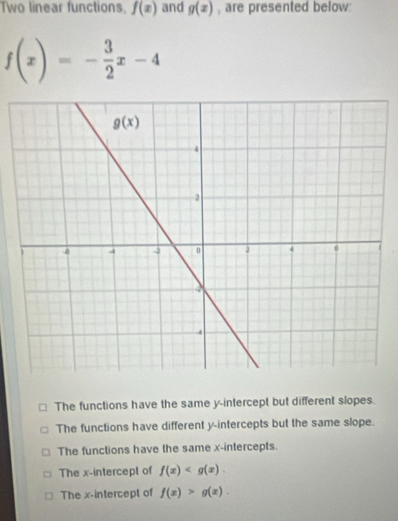 Two linear functions, f(x) and g(x) , are presented below
f(x)=- 3/2 x-4
The functions have the same y-intercept but different slopes.
The functions have different y-intercepts but the same slope.
The functions have the same x-intercepts.
The x-intercept of f(x)
The x-intercept of f(x)>g(x).