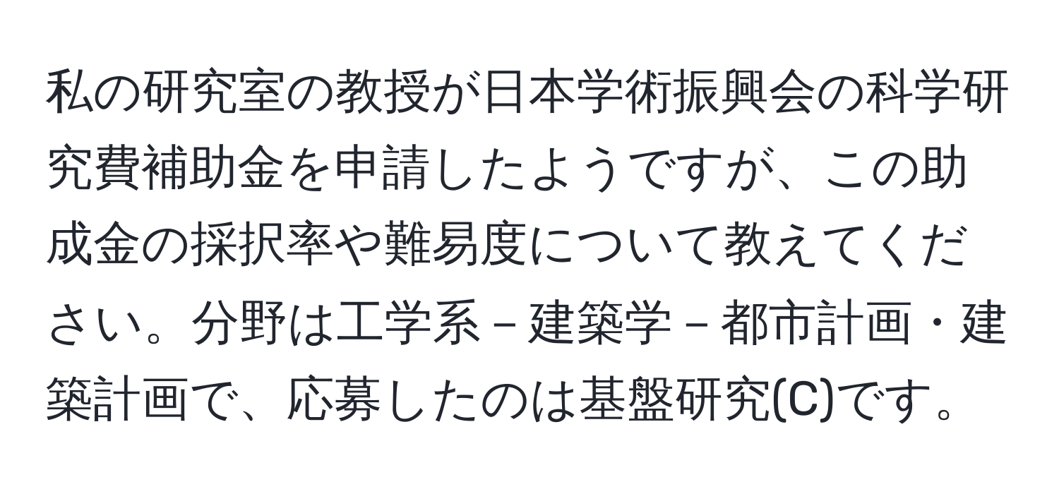 私の研究室の教授が日本学術振興会の科学研究費補助金を申請したようですが、この助成金の採択率や難易度について教えてください。分野は工学系－建築学－都市計画・建築計画で、応募したのは基盤研究(C)です。