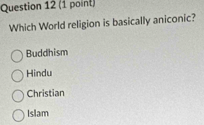 Which World religion is basically aniconic?
Buddhism
Hindu
Christian
Islam