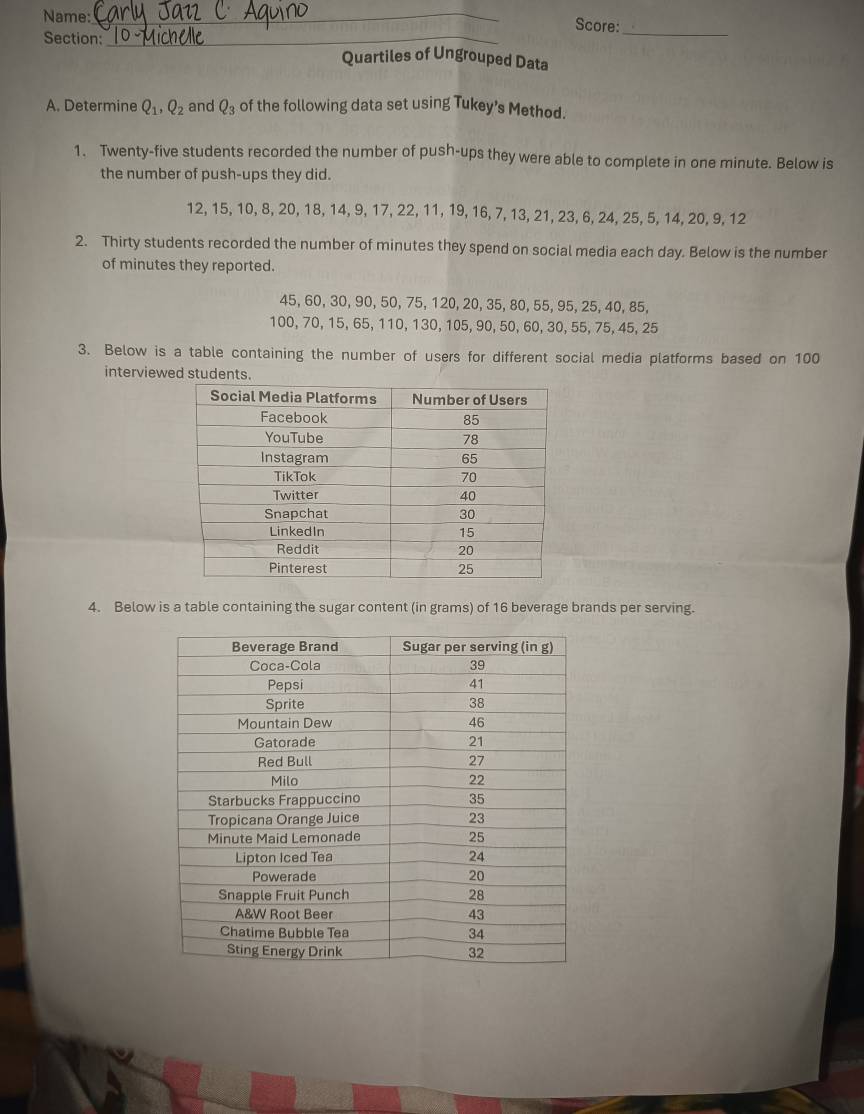 Name:_ 
Score:_ 
Section:_ Quartiles of Ungrouped Data 
A. Determine Q_1, Q_2 and Q_3 of the following data set using Tukey’s Method. 
1. Twenty-five students recorded the number of push-ups they were able to complete in one minute. Below is 
the number of push-ups they did.
12, 15, 10, 8, 20, 18, 14, 9, 17, 22, 11, 19, 16, 7, 13, 21, 23, 6, 24, 25, 5, 14, 20, 9, 12
2. Thirty students recorded the number of minutes they spend on social media each day. Below is the number 
of minutes they reported.
45, 60, 30, 90, 50, 75, 120, 20, 35, 80, 55, 95, 25, 40, 85,
100, 70, 15, 65, 110, 130, 105, 90, 50, 60, 30, 55, 75, 45, 25
3. Below is a table containing the number of users for different social media platforms based on 100
interviewed students. 
4. Below is a table containing the sugar content (in grams) of 16 beverage brands per serving.