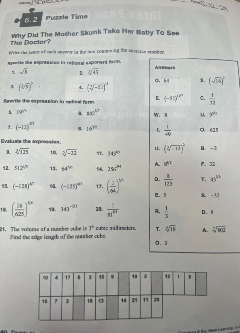 Solved: Name _ _Date _ 6.2 Puzzle Time Why Did The Mother Skunk Take ...