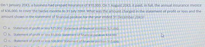 On 1 January 20X3, a business had prepaid insurance of $10,000. On 1 August 20X3, it paid, in full, the annual insurance invoice
of $36,000, to cover the twelve months to 31 July 20X4. What was the amount charged in the statement of profit or loss and the
amount shown in the statement of financial position for the year ended 31 December 20* 3 ?
a. Statement of profit or loss $25,000; Statement of financial position $21,000.
b. Statement of profit or loss $5,000; Statement of financial position $24,000.
c. Statement of profit or loss $36,000; Statement of financial position $15,000.