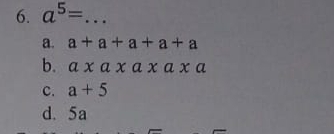 a^5= _
a. a+a+a+a+a
b. a* a* a* a* a
c. a+5
d. 5a