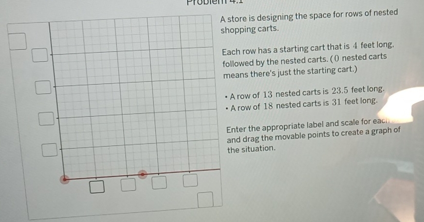 Prodien 
store is designing the space for rows of nested 
opping carts. 
ch row has a starting cart that is 4 feet long, 
llowed by the nested carts. ( () nested carts 
eans there's just the starting cart.) 
A row of 13 nested carts is 23.5 feet long. 
A row of 18 nested carts is 31 feet long. 
nter the appropriate label and scale for each 
nd drag the movable points to create a graph of 
he situation.