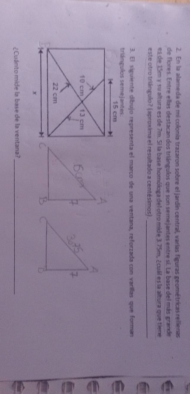 En la alameda de mi colonia trazaron sobre el jardín central, varías figuras geométricas relienas 
de flores. Entre ellas destacan dos triángulos que son semejantes entre sí. La base del más grande 
es de 15m y su altura es de 7m. Si la base homóloga del otro mide 3.75m, ¿cuál es la altura que tiene 
este otro triángulo? (aproxima el resultado a centésimos) ._ 
3. El siguiente dílbujo representa el marco de una ventana, reforzada con varillas que forman 
triângulos semejantes: 
¿Cuánto mide la base de la ventana?_