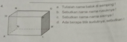 Tulislah nama balok di samping ! 
b. Sebutkan nama-nama rusuknya ! 
c. Sebutkan nama-nama sisinya! 
d. Ada berapa titik sudutnya, sebutkan!