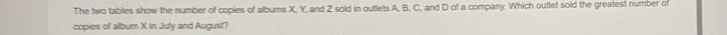 The two tables show the number of copies of albums X, Y, and Z sold in outlets A, B, C, and D of a company. Which outlet sold the greatest number of 
copies of album X in July and August?