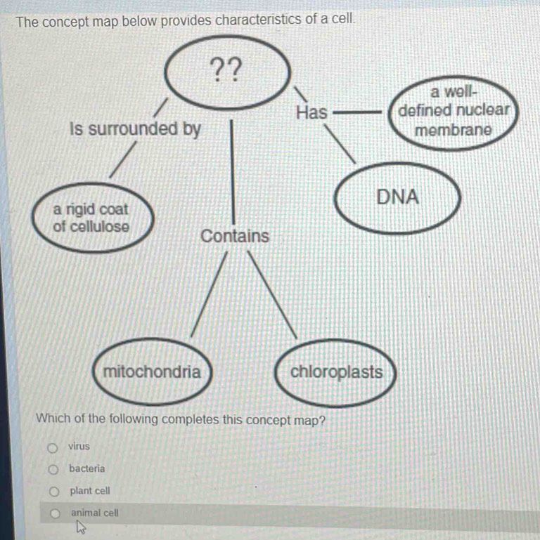 The concept map below provides characteristics of a cell.
as
Is surrou
DNA
Contains
Which of the following completes this concept map?
virus
bacteria
plant cell
animal cell