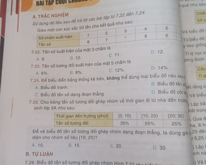 Bài tạp cuối chúu
A. trác nghiệm t quả như sau
ệu sau để trả lời các bài tập từ 7.22 đến 7.24.
Chiế
sau:
Số c
biểu đồ 
biểu đồ
7.22. Tần số xuất hiện của mặt 3 cho giống
A. 9. B. 10. C. 11. D. 12. Ti lệ học s
7.23. Tần số tương đối xuất hiện của mặt 5 chấm là đờng được
A. 6%. B. 8%. C. 12%. D. 14%. Cầu
7.24. Để biểu diễn bảng thống kê trên, không thể dùng loại biểu đồ nào sau Tỉ kể
B. Biểu đồ tần số  lết ràng c
A. Biểu đồ tranh. D. Biểu đồ cột k
C. Biểu đồ tần số dạng đoạn thẳng.
7.25. Cho bảng tần số tương đối ghép nhóm về thời gian đi từ nhà đến trườ Vẽ biểu
Lập bả
sinh lớp 9A như sau:
ron
a d
8 h
Để về biểu đồ tần số tương đối ghép nhóm dạng đoạn thẳng, ta dùng giả ,25 đế
diện cho nhóm số liệu [10;20) ? 16,25
A. 10. B. 15. C. 20. D. 30. ) Lập 
B. Tự LUẬn inh nà
7.26. Biểu đồ tần số tương đối ghép nhóm Hình 7 22 ch )  Về