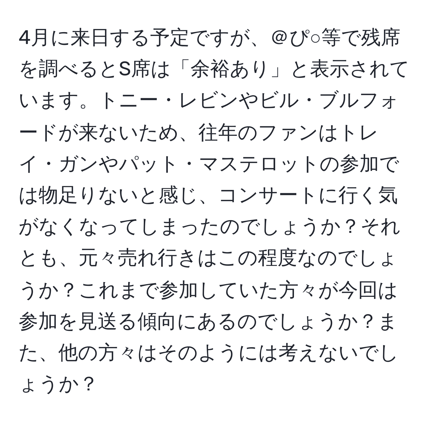 4月に来日する予定ですが、＠ぴ○等で残席を調べるとS席は「余裕あり」と表示されています。トニー・レビンやビル・ブルフォードが来ないため、往年のファンはトレイ・ガンやパット・マステロットの参加では物足りないと感じ、コンサートに行く気がなくなってしまったのでしょうか？それとも、元々売れ行きはこの程度なのでしょうか？これまで参加していた方々が今回は参加を見送る傾向にあるのでしょうか？また、他の方々はそのようには考えないでしょうか？