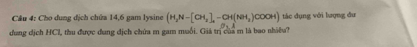 Cho dung dịch chứa 14, 6 gam ly sine (H_2N-[CH_2]_4-CH(NH_2)COOH) tác dụng với lượng dư 
dung dịch HCl, thu được dung dịch chứa m gam muối. Giả trị của m là bao nhiêu?