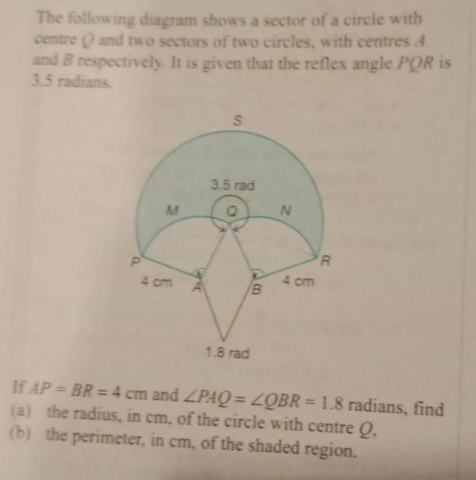 The following diagram shows a sector of a circle with 
centre Q and two sectors of two circles, with centres A
and B respectively. It is given that the reflex angle PQR is
3.5 radians. 
If AP=BR=4cm and ∠ PAQ=∠ QBR=1.8 radians, find 
(a) the radius, in cm, of the circle with centre Q, 
(b) the perimeter, in cm, of the shaded region.